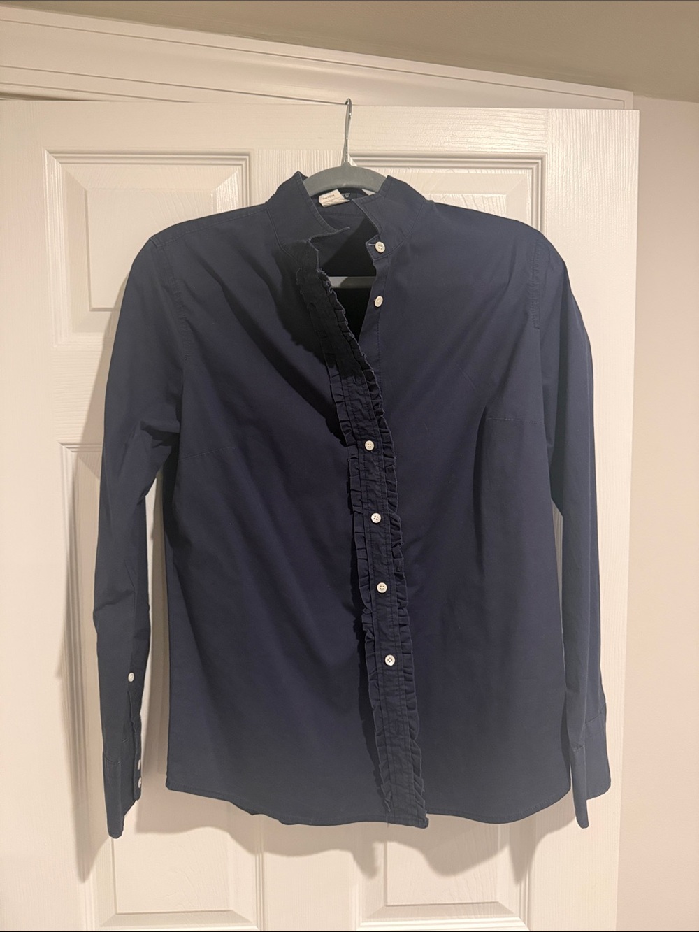 J. Crew Navy Ruffle-Front Button-Down Shirt